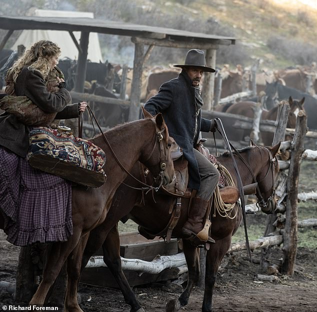 Abbey plays Marigold in this epic western, the love interest of Hayes Ellison, the main character played by Kevin, who is also the director, producer and co-writer. Both are pictured.