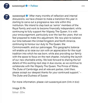 The Instagram post informing the public that Prince Harry and Meghan will no longer be members 