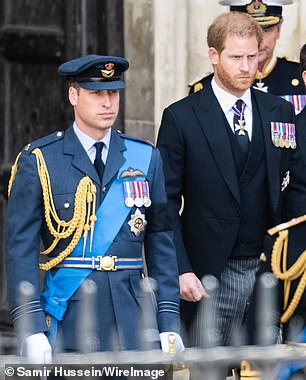 Prince William and Prince Harry during the state funeral of Queen Elizabeth II at Westminster Abbey