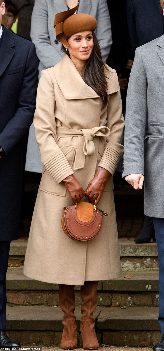 Pictured: Meghan Markle wore a red velvet dress (under her tan coat) to attend her only Christmas at Sandringham in 2017.