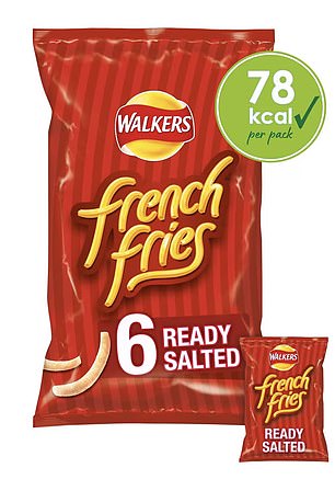 Ready-made salted potato chips also have just 78 calories per 18g bag. Potato chips (pictured), Squares, Space Raiders and Pom Bears contain just 0.3g of saturated fat per bag.