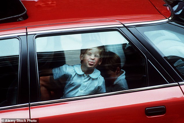 Prince Harry sticks his tongue out at photographers from the back seat of his car as he and his brother drive away after seeing their newborn cousin Princess Beatrice at Portland Hospital in London, 1988.