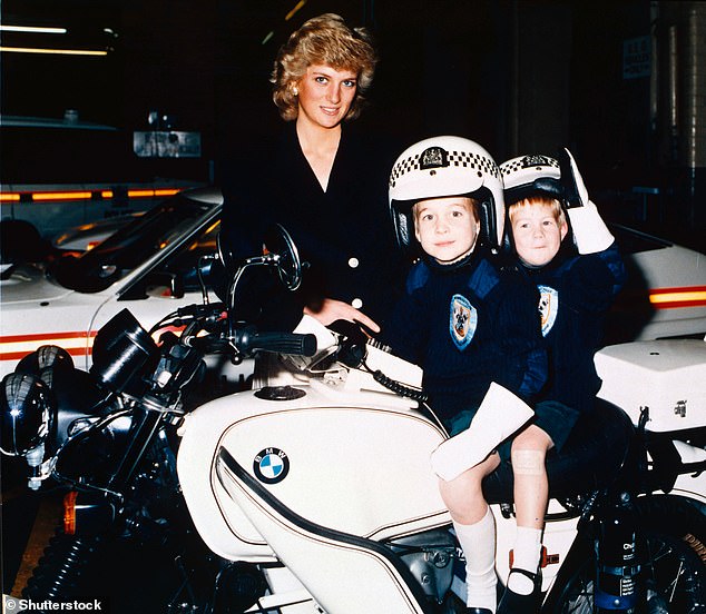 Prince Harry and Prince William sitting on a police motorcycle alongside their mother Diana in 1987