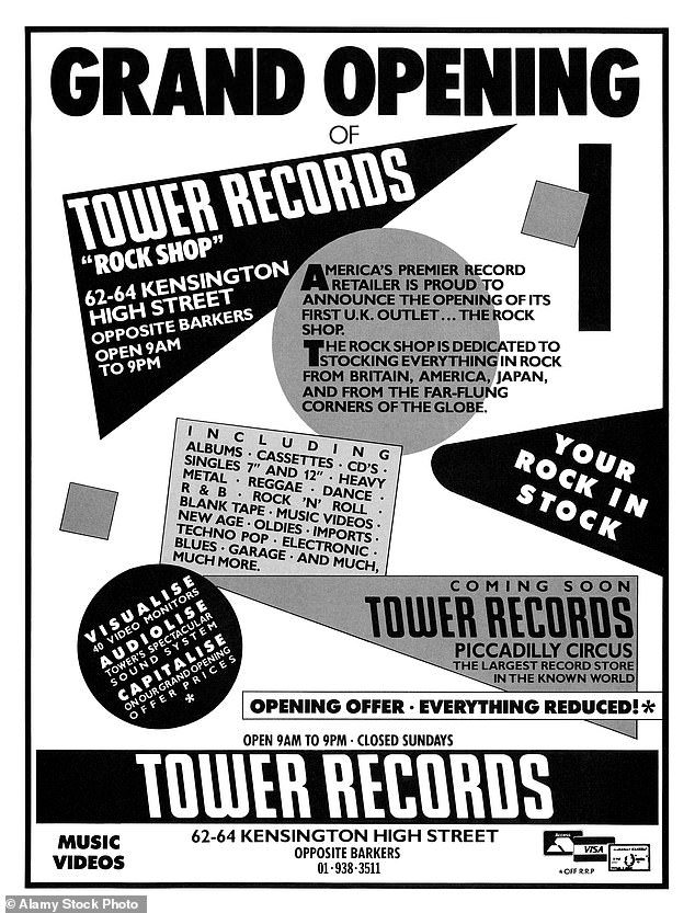 An advertisement for the opening of Tower Records on Kensington High Street