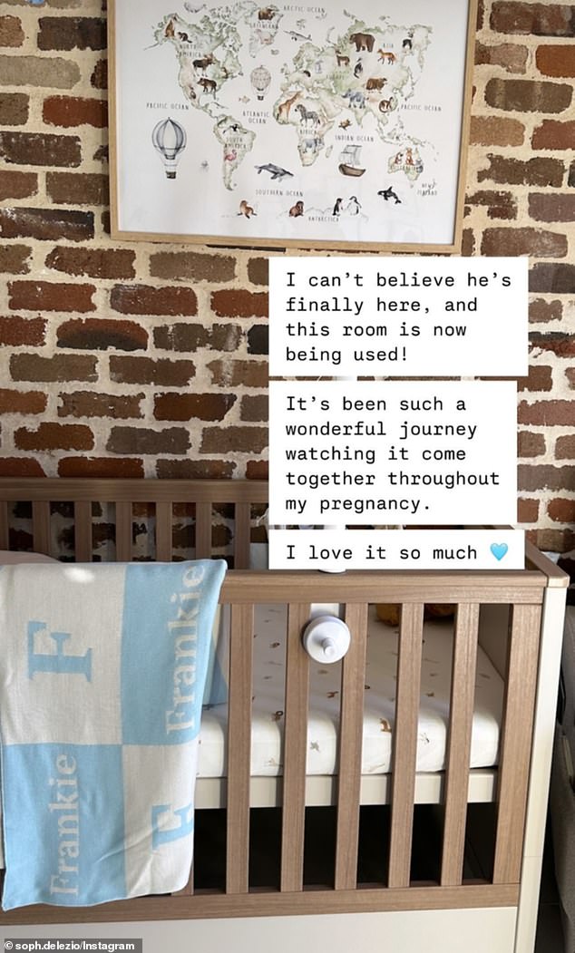 She also posted a glimpse of the little one's lovingly decorated room, which includes a wooden crib and a monogrammed blanket. 