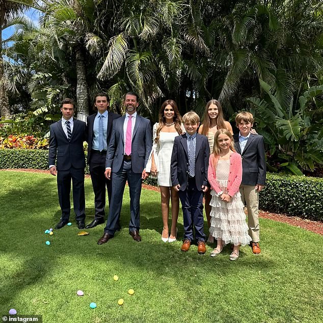 Guilfoyle broke into the broadcast world in 2004 when she worked as a legal analyst at Anderson Cooper 360 and joined Fox News in February 2006 as host of The Lineup; she later joined The Five as a co-host in 2011. Pictured: Guilfoyle and Don Jr. with their family.