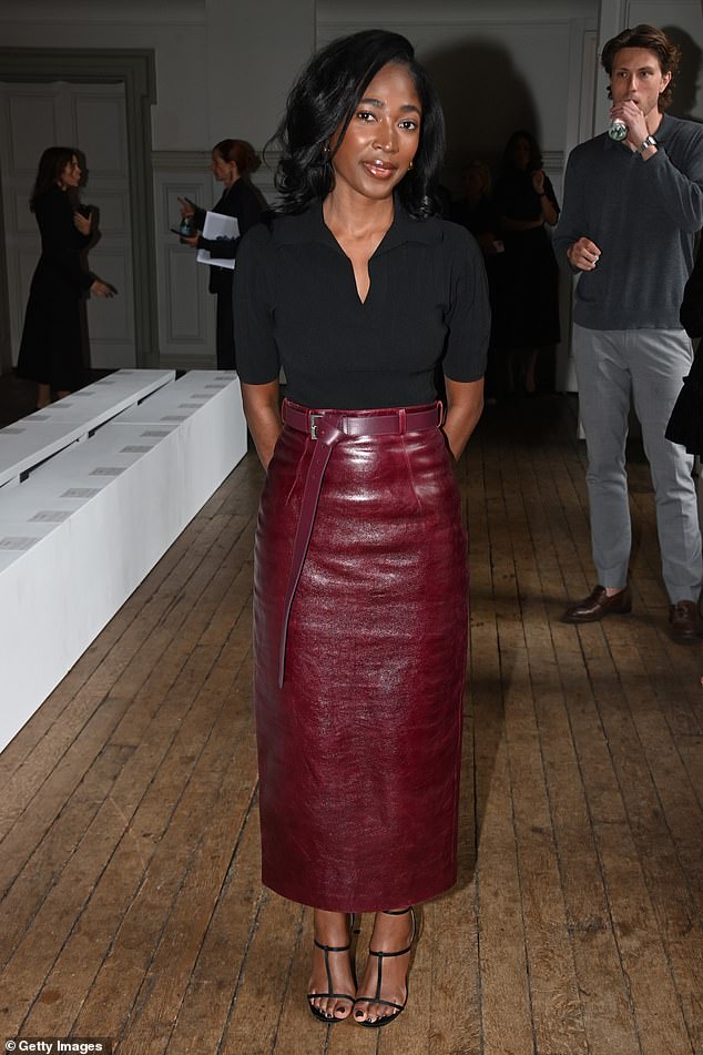 Adelayo Adedayo was the epitome of elegance in a long maroon leather pencil skirt and a black short-sleeved top, finished off with strappy heels.