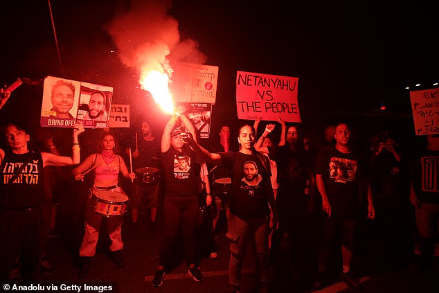 Thousands of Israelis gather with banners and Israeli flags to protest against Israeli Prime Minister Benjamin Netanyahu and his government for not signing the ceasefire agreement with Gaza and to demand a hostage exchange deal with the Palestinians in Tel Aviv, Israel, September 14, 2024.