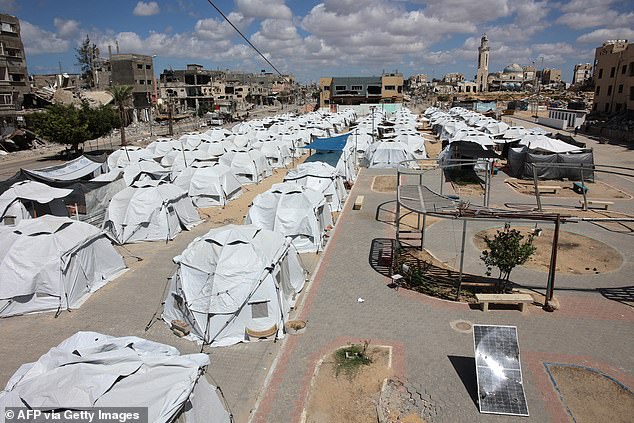 Rows of tents are set up for displaced Palestinians in Beit Lahia, northern Gaza Strip, on September 14, 2024.