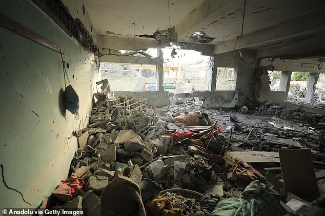 View of the destruction following the Israeli airstrike on the Zeitoun Martyrs' School, a shelter for displaced Palestinians in the Zeitoun neighborhood of Gaza City, Gaza, on September 14, 2024