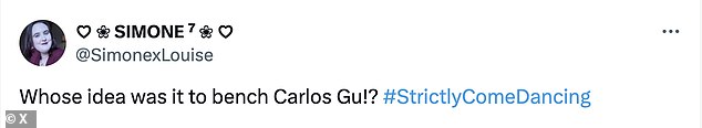 Venting to X, fans of the show wrote: 'I can't help but feel a little sad not to see Carlos with a partner tonight but I'm still really excited for the series. Strictly's season is my favourite.'