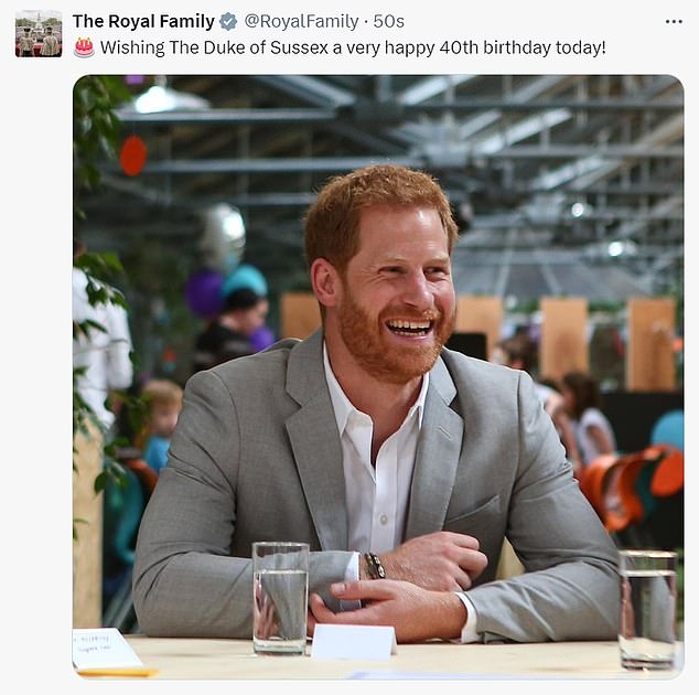 The Royal Family's official X account posted a birthday greeting to the Duke of Sussex