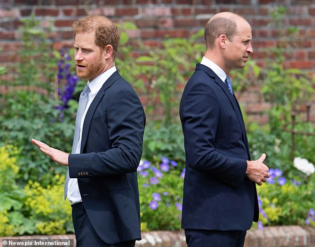 Prince Harry and Prince William at the unveiling of their mother's statue in the Sunken Garden at Kensington Palace on what would have been her 60th birthday.