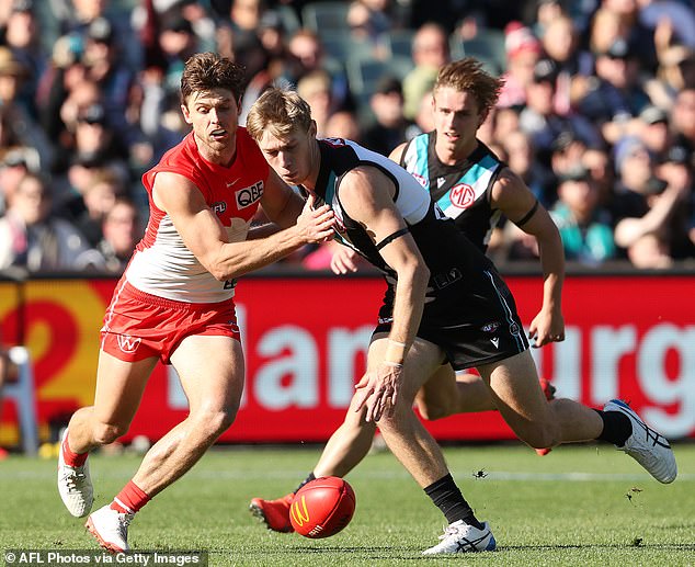 The former voice of football will also call the preliminary final between Sydney and Port Adelaide (pictured playing earlier this year) before moving on to the grand final.