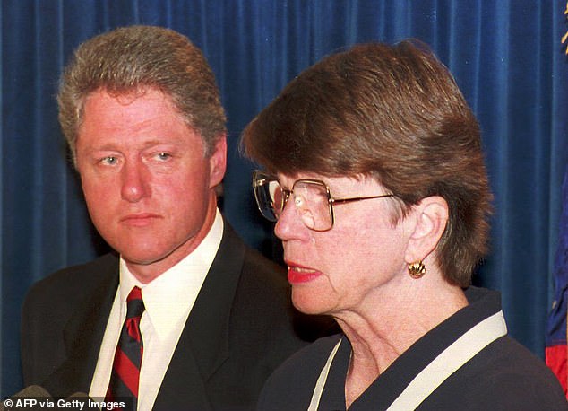 Reno and former President Bill Clinton pictured at a press conference in July 1993