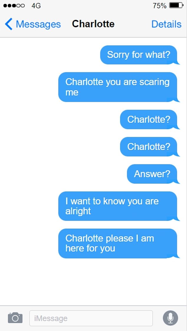 The night she died, Charlotte sent a friend a photo of herself crying with a simple caption: 