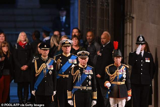 Charles leads his siblings Princess Margaret, Prince Andrew and Prince Edward into Westminster Hall on September 16, 2022