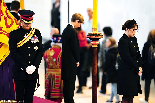 Prince Harry, Princess Eugenie and James, Viscount Severn, pay their respects to their grandmother.