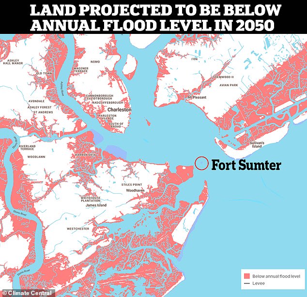 Pictured: Land projected to be below annual flood level by 2050