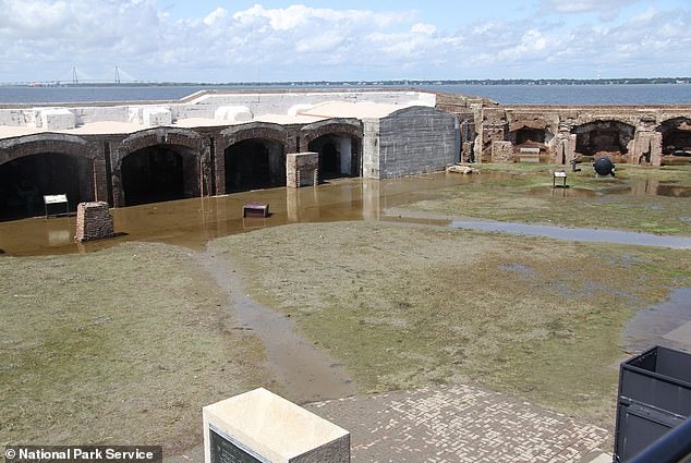 Located off the coast of South Carolina, this historic landmark, which once withstood a barrage of cannon fire, is now crumbling in the face of destructive waves and fierce storms (pictured: images of the damage to Fort Sumter after Tropical Storm Irma)