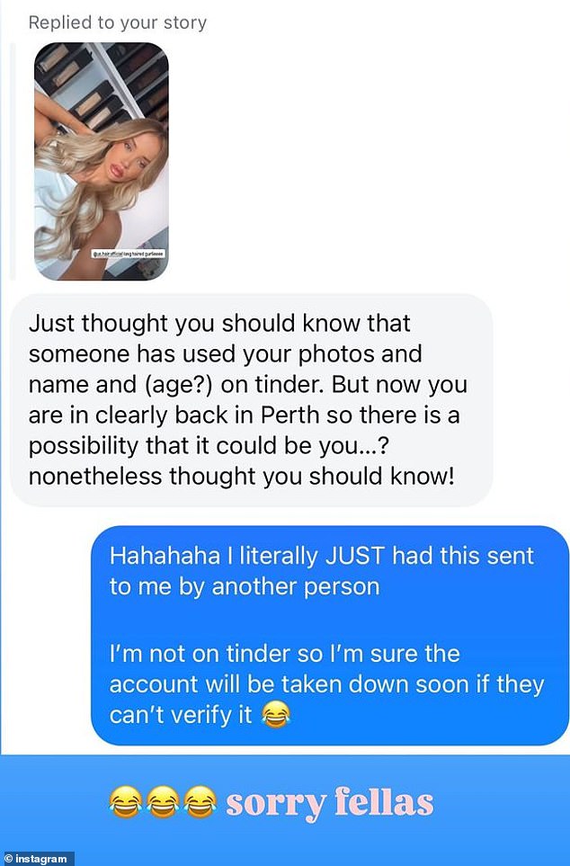 She shared a screenshot of a message she received from a person who had discovered a fake profile on the site using her name and image.