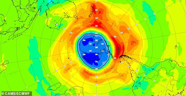 In September of this year, the ozone hole (pictured in blue) was 18.48 million square kilometers (7.13 million square miles) smaller than it was in the same period in recent years.