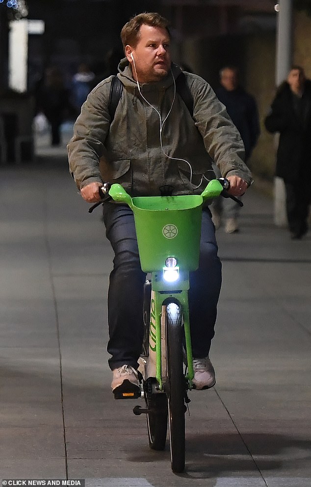 He was spotted arriving at Paddington station with co-stars Alison Steadman, 78, and Matthew Horne, 46, before hopping on a rental bike to finish the journey.