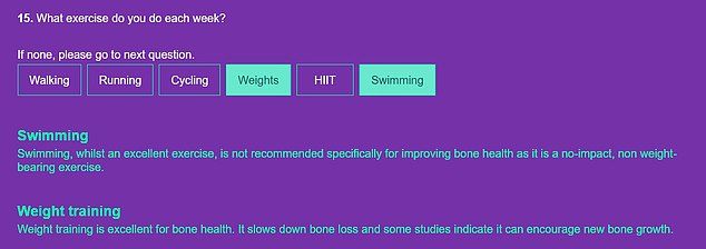 Finally, it asks you what type of exercise you do each week, choosing between walking, swimming, running, HIIT, weight training and cycling.