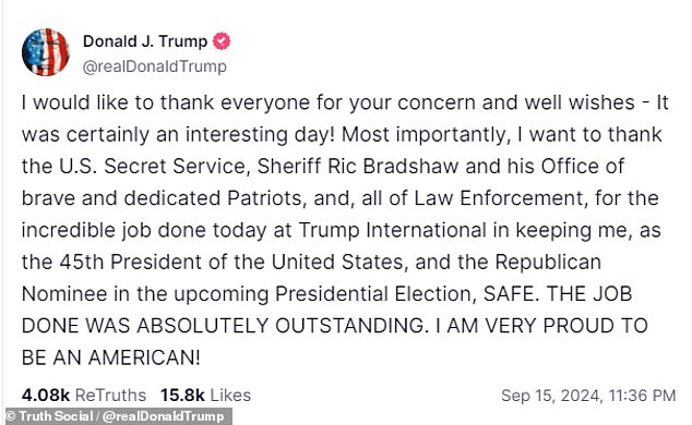 Trump's take on surviving a second assassination attempt as he praises Secret Service and police for saving his life on a Florida golf course