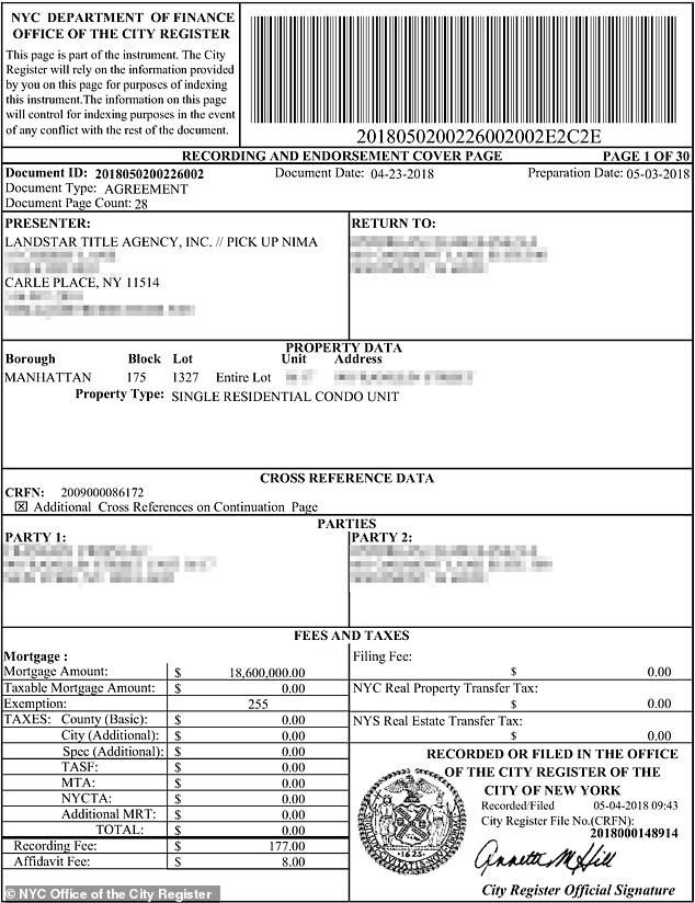 Pictured: Mortgage documents confirming Carey's $18.6 million loan