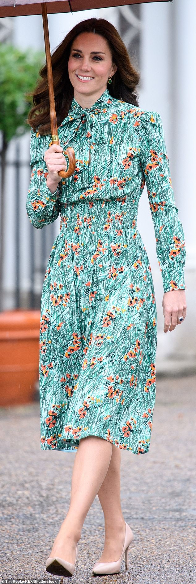 In 2017, the Princess wore a floral dress with a bow neckline to visit the Diana, Princess of Wales memorial garden in Kensington Gardens.