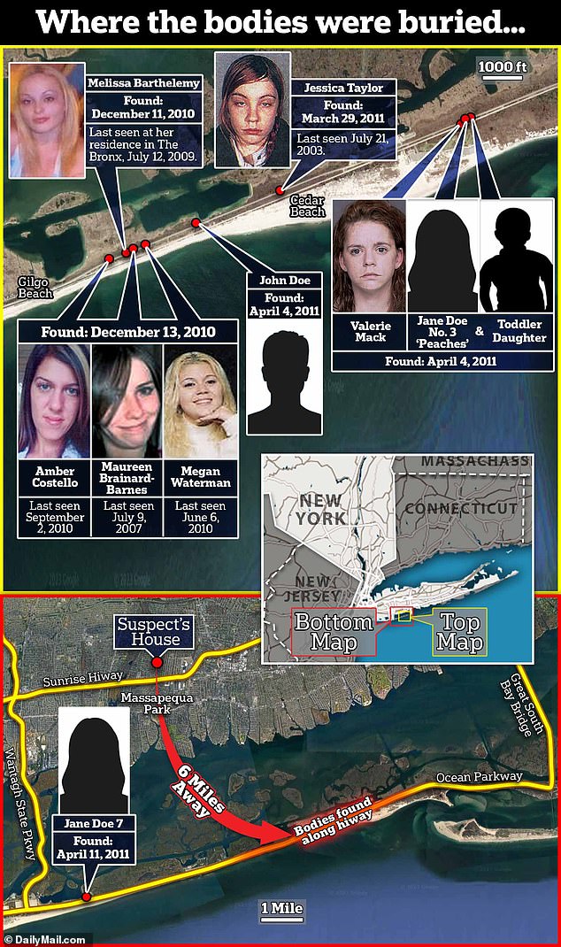 Map shows where bodies were found on Gilgo Beach