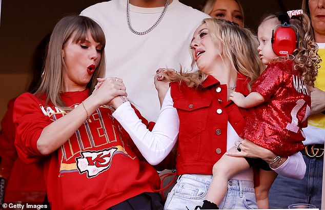 It remains to be seen whether Taylor will reunite in a luxury box with Brittany during the current season, with the pair sitting in separate suites for the final two games (pictured from last season).