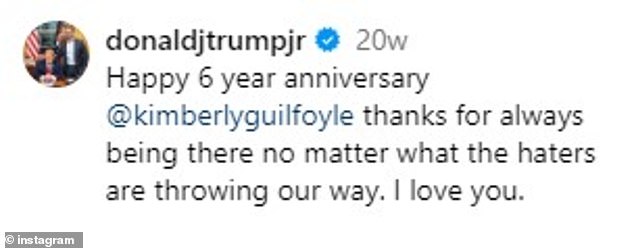 The intimate outing came just months after Don Jr. gushed over fiancée Kimberly Guilfoyle in an Instagram post celebrating their sixth anniversary as a couple in May.