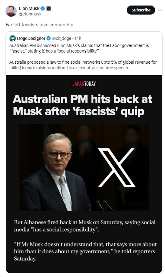 Musk has attacked Anthony Albanese as the war of words between the two men escalated.