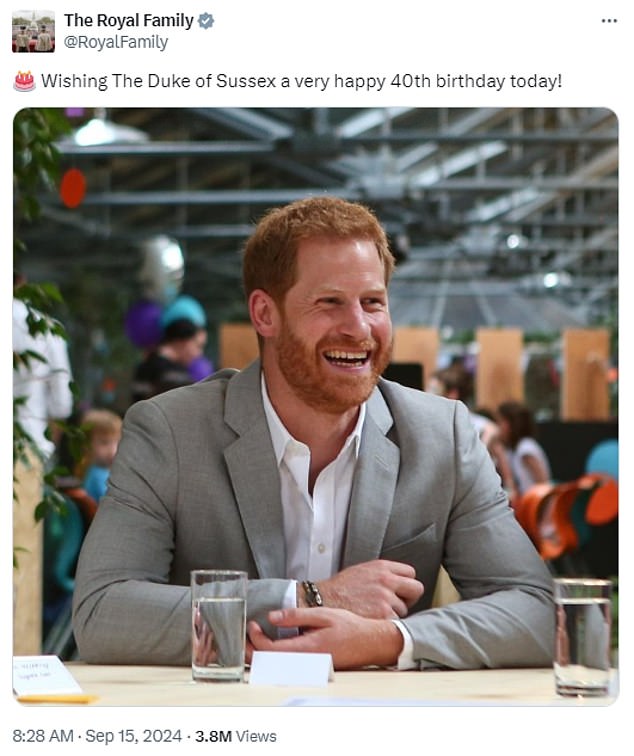 The Royal Family's official X account previously posted a birthday greeting for the Duke, with Harry's image being a close-up version of a wider shot with Meghan.