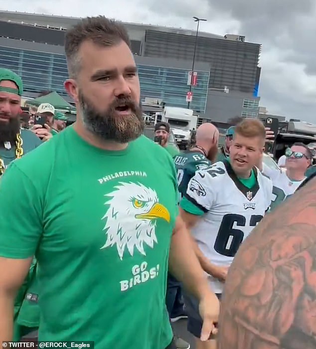 Kelce was previously seen wandering around a Philadelphia tailgate wearing an Eagles jersey.