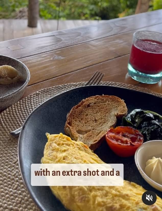 In a video shared on Instagram, Rebecca enjoyed a long macchiato and an omelette for breakfast.