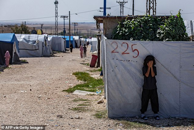 Many of those living in the camp cannot get fresh food, clean water or medicine (pictured: a child hiding in Al-Roj in 2023)