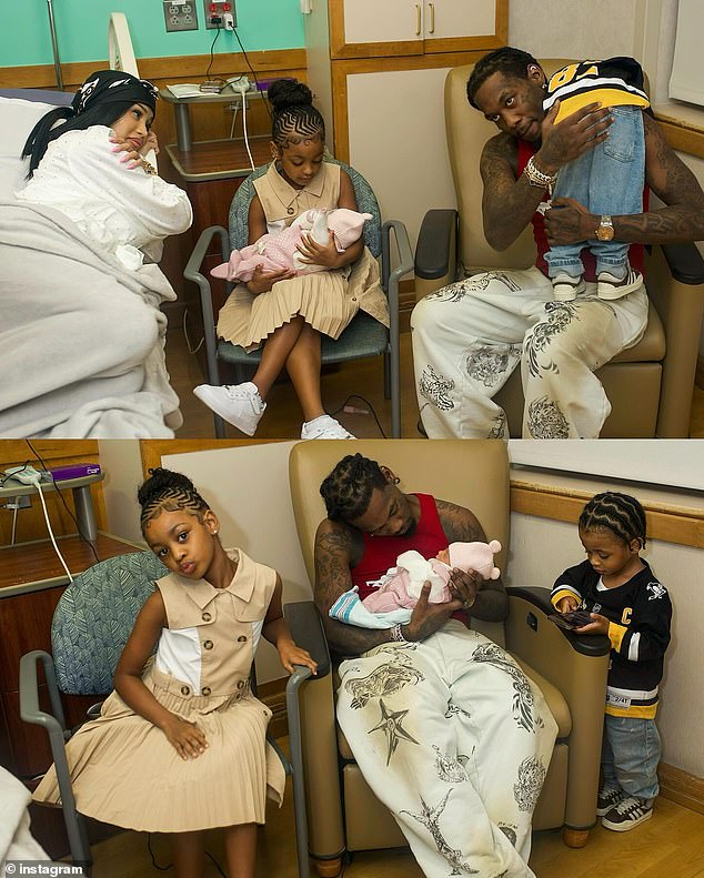 Kulture was seen holding her new baby sister while doting dad Offset tenderly cradled his little girl in the sweet snaps.