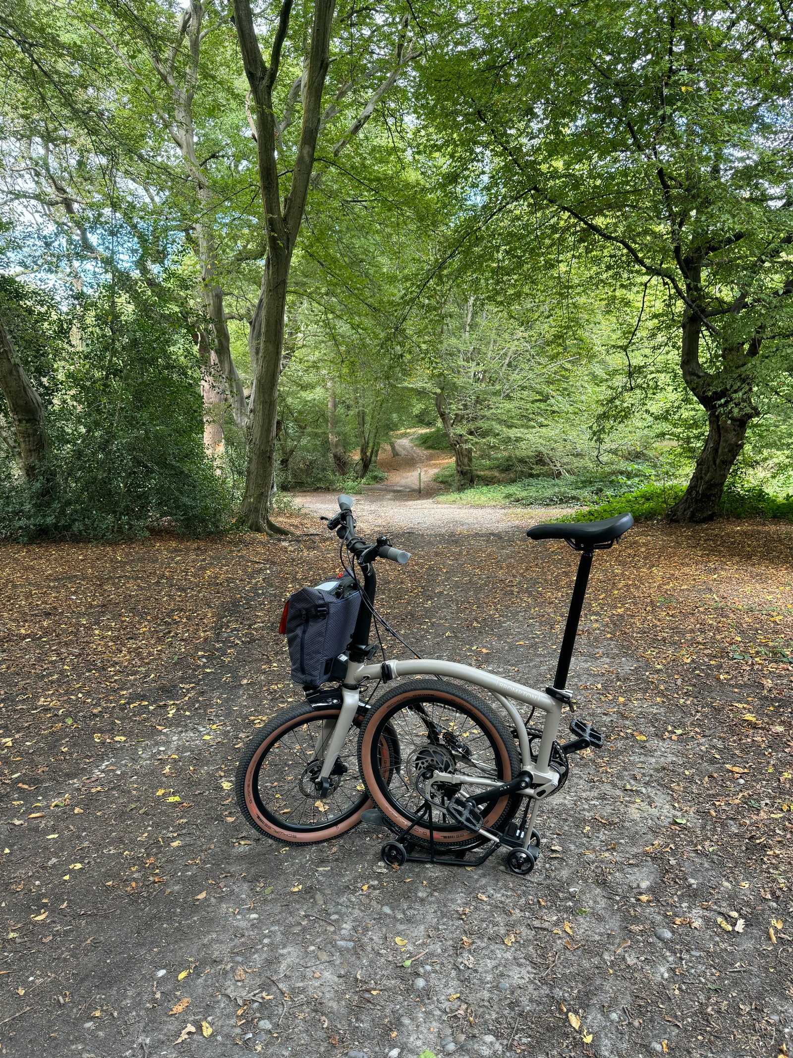 A photograph of the folded Brompton Electric G Line electric bike on a forest path.