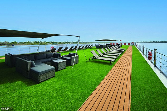 The ship features a spacious sundeck that features a wraparound jogging track and seating for relaxing.