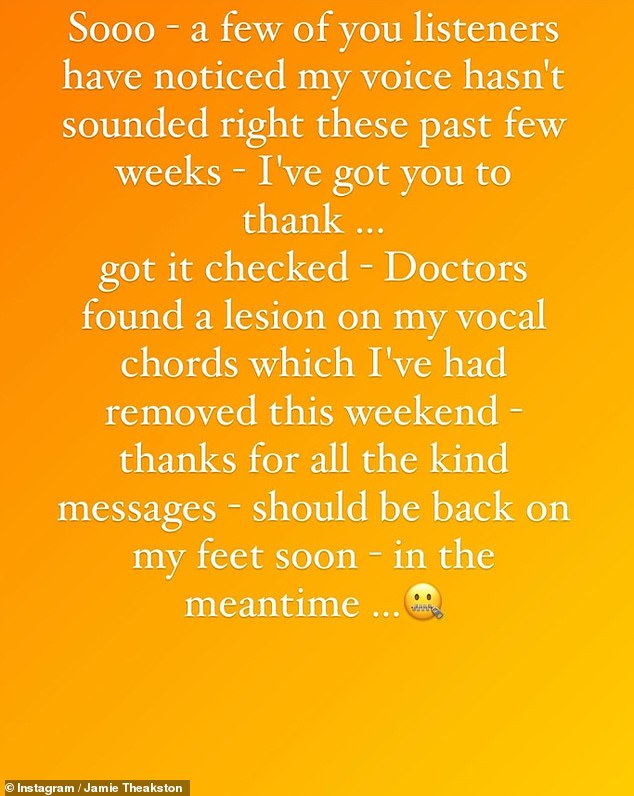 In an Instagram post on September 1, Jamie shared that she had gotten a checkup after some of her listeners noticed something wasn't right with her voice.