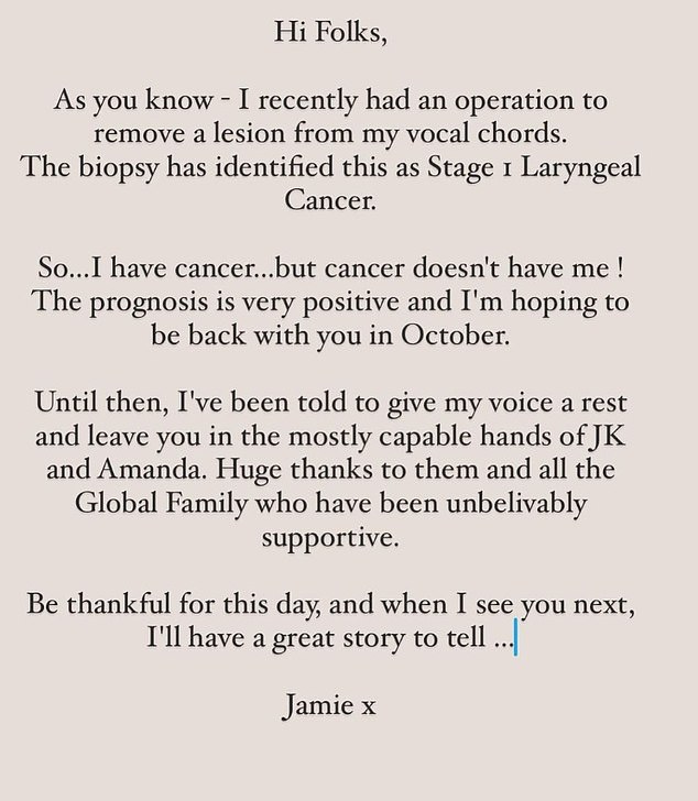 Since his post, Jamie has been absent from his presenting role on Heart FM and on Tuesday shared that following a biopsy, doctors have told him he has stage one throat cancer.