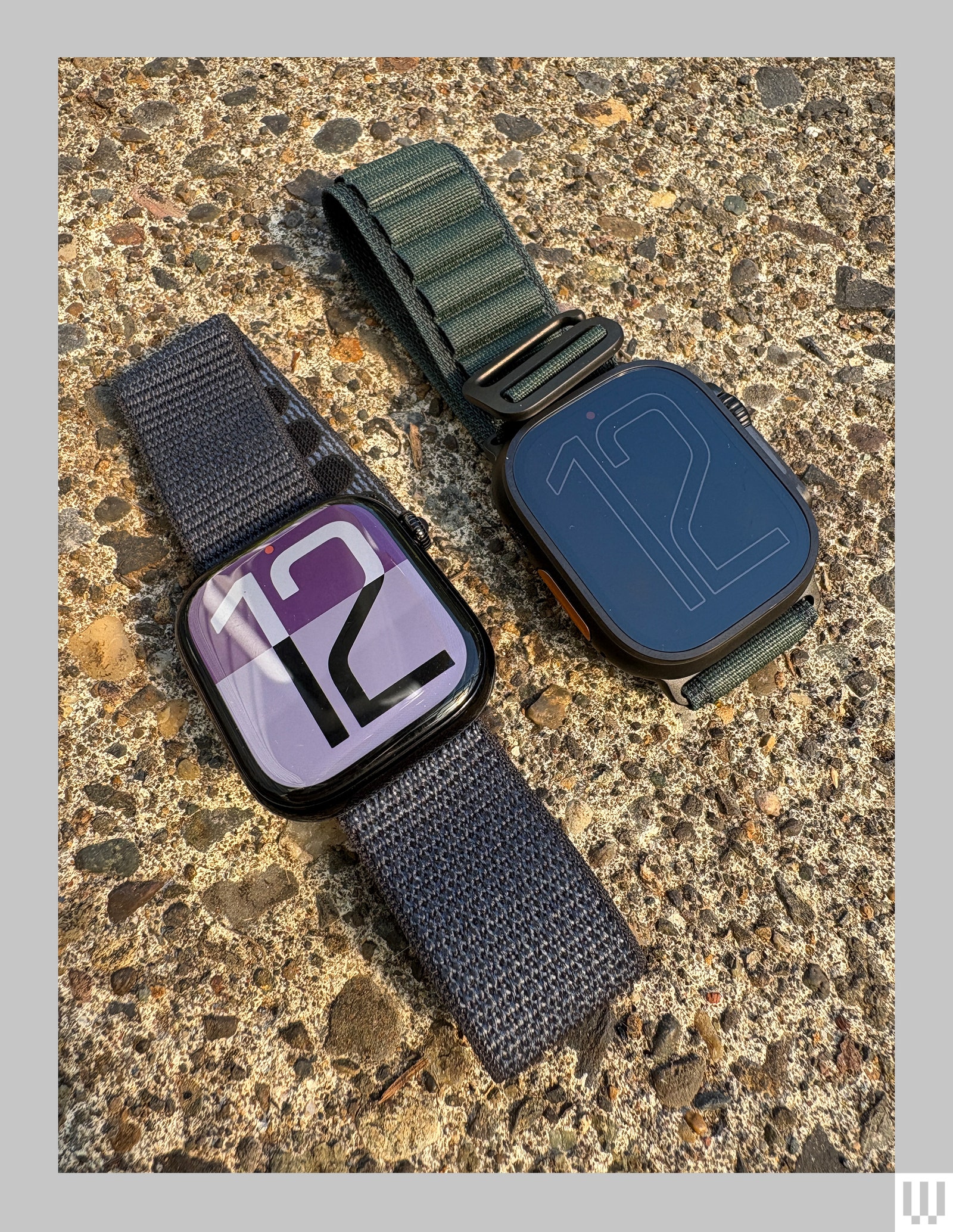 2 smart watches side by side with large screens and different bracelets