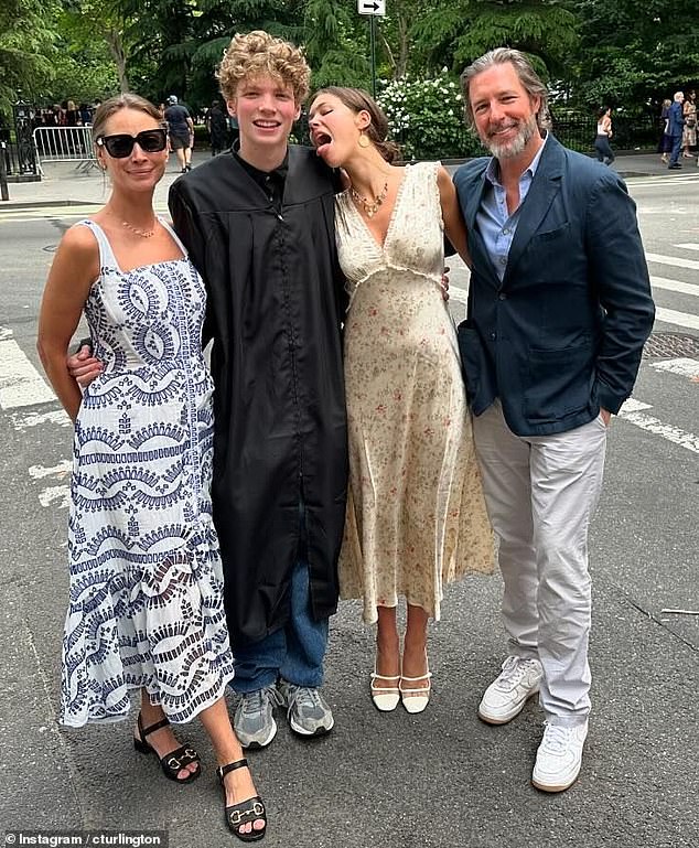 Turlington shared a very rare picture with her two children and husband after they attended her 18-year-old son Finn's graduation earlier this year.