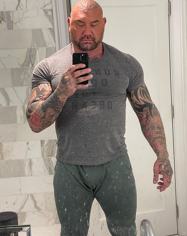 Bautista weighed around 315 pounds while filming the 2022 thriller. He is pictured here in May 2022.