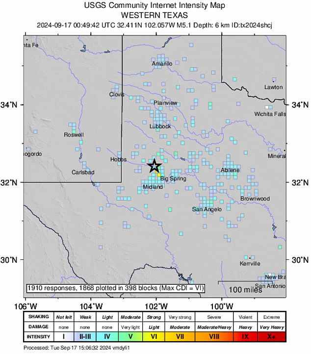 The U.S. Geological Survey website showed the epicenter was just north of Midland, but shock waves were felt as far away as Austin, more than 300 miles away.