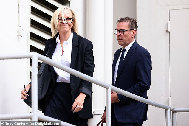 Murdoch's three other eldest children were stone-faced as they arrived, but Elisabeth, 55, (left) managed a brief smile as she walked towards the door ahead of her brother James.