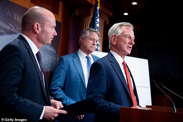 Senator Tommy Tuberville, flanked by Senators Mike Lee (left) and Roger Marshall (right), call for additional Secret Service protections for former President Trump